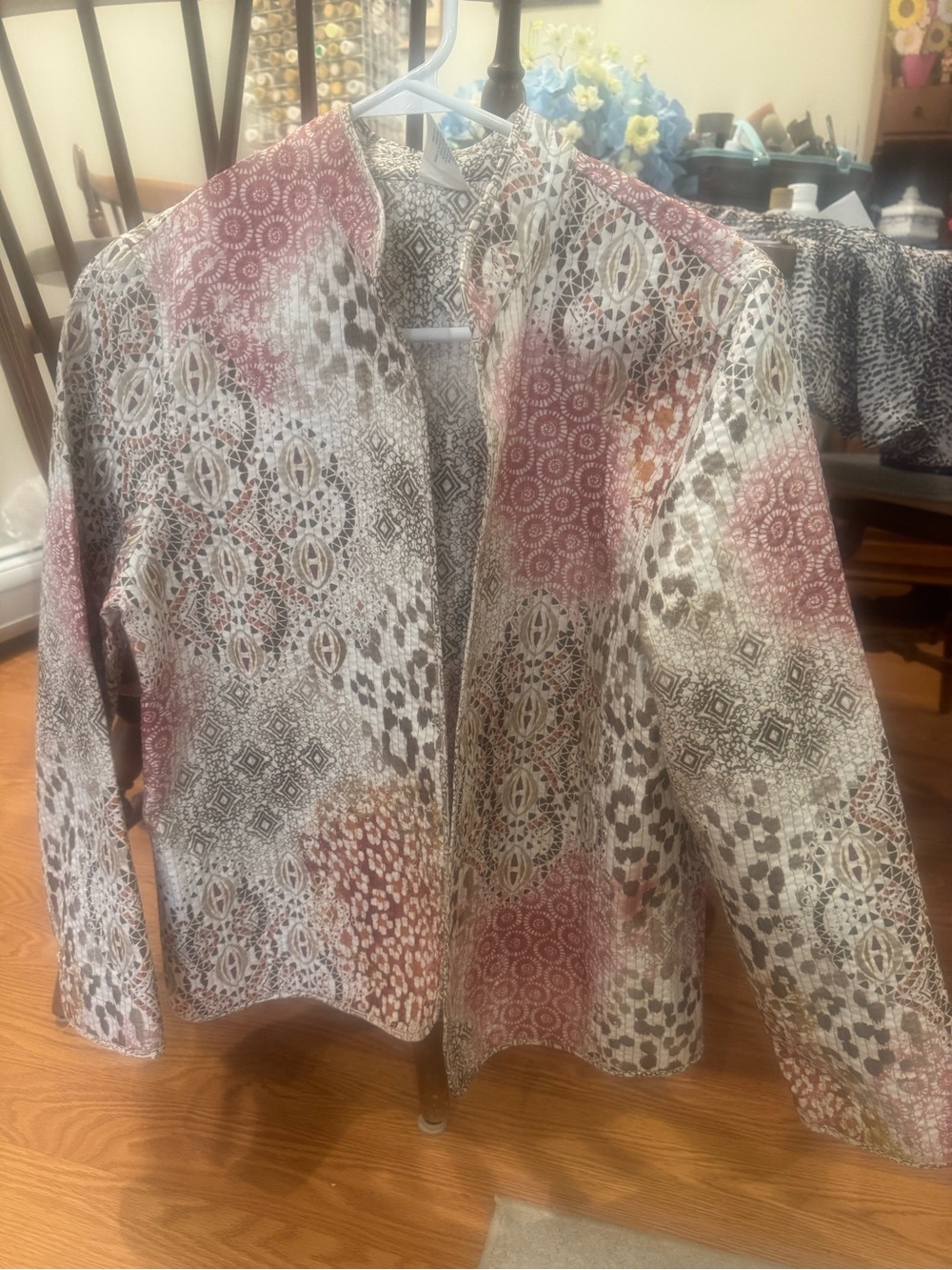 Alfred Dunner Pink and Cream Printed Open-Front Jacket